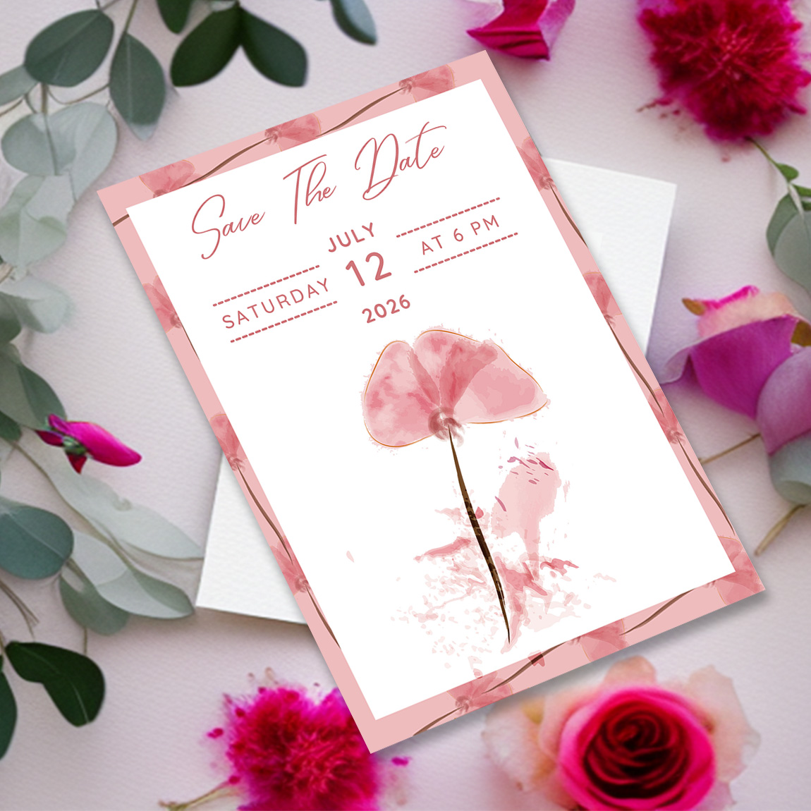 Image with charming wedding invitation card in pink tones and flowers.