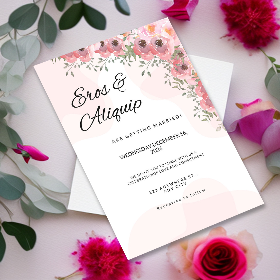 Image of enchanting wedding invitation card with floral background.