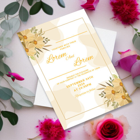 Image with charming wedding invitation in yellow tones and flowers.