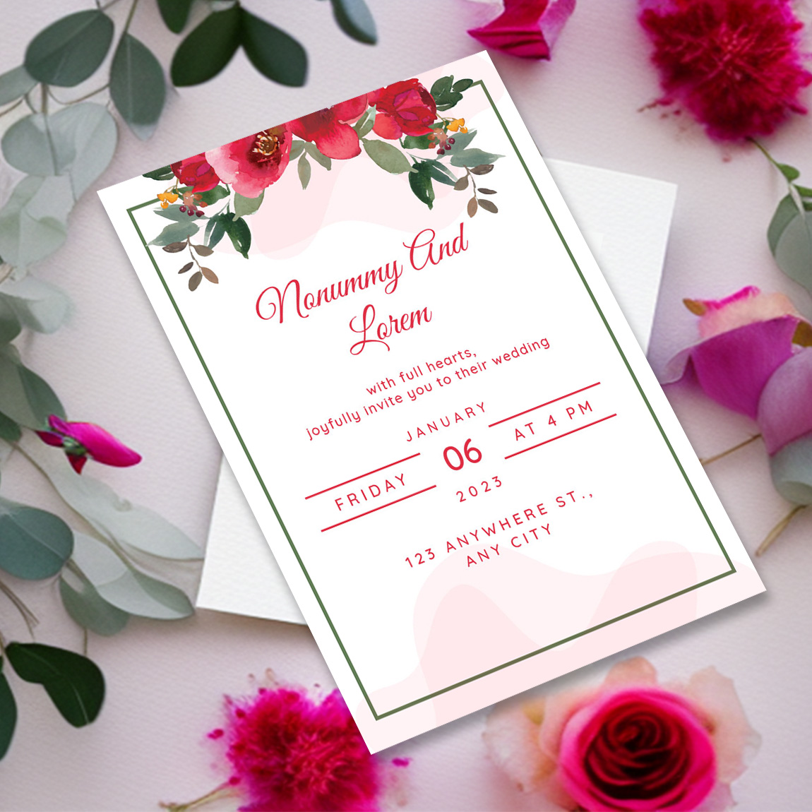 Image of charming wedding invitation with watercolor flowers.
