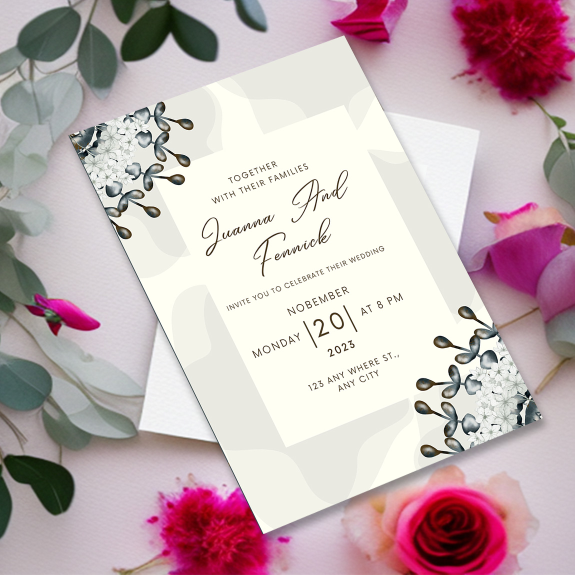Image with enchanting wedding invitation with flowers.