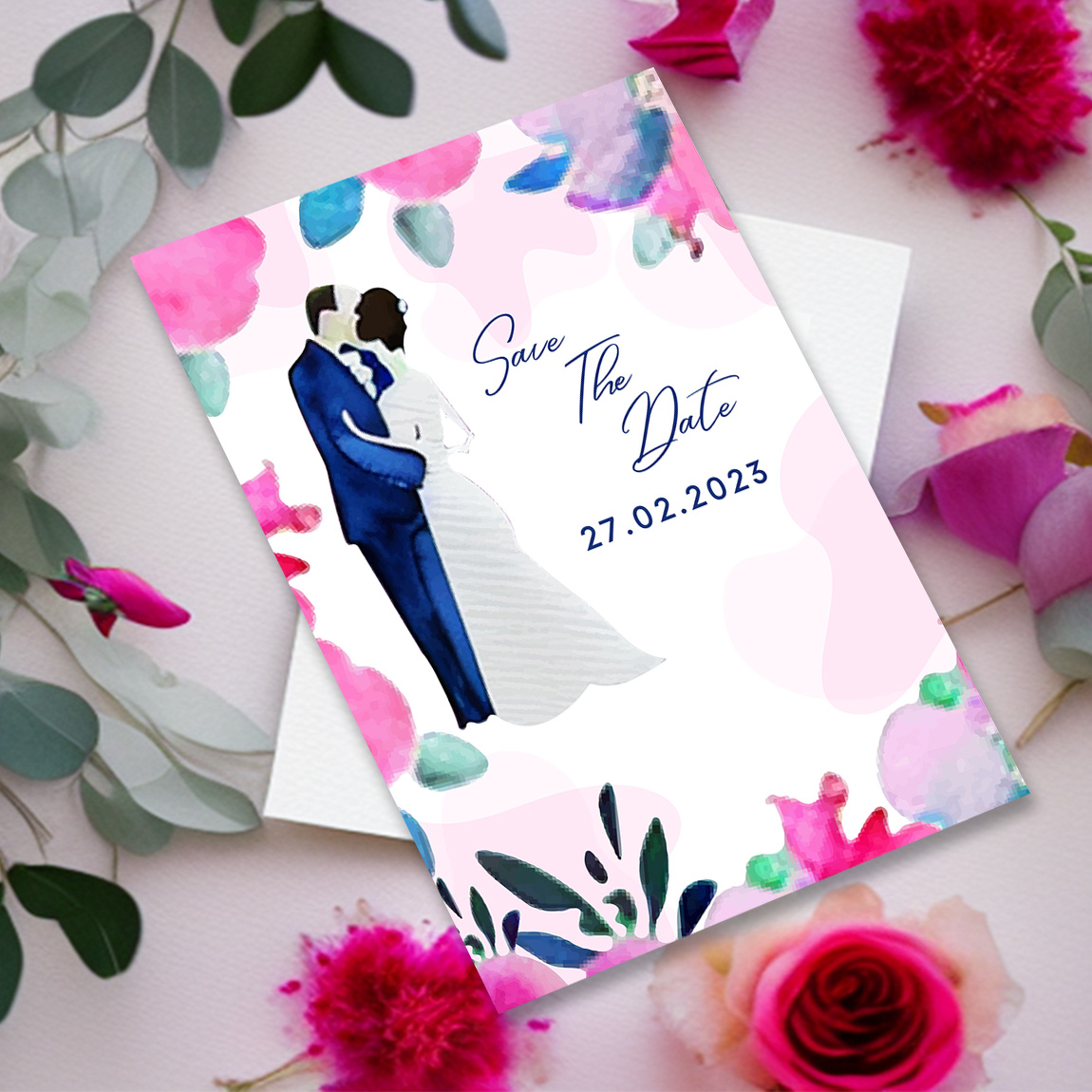 Image with charming wedding invitation card with floral background.
