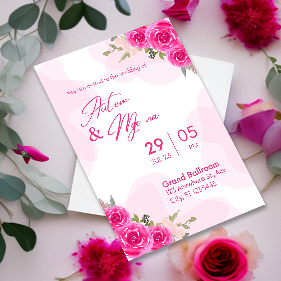 Image of charming wedding invitation with flowers and leaves.