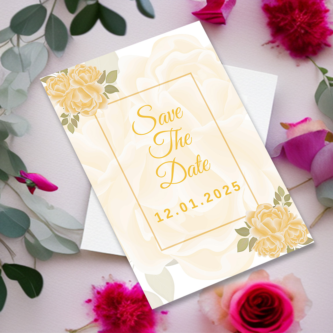 Image with irresistible wedding invitation card in yellow tones and flowers.