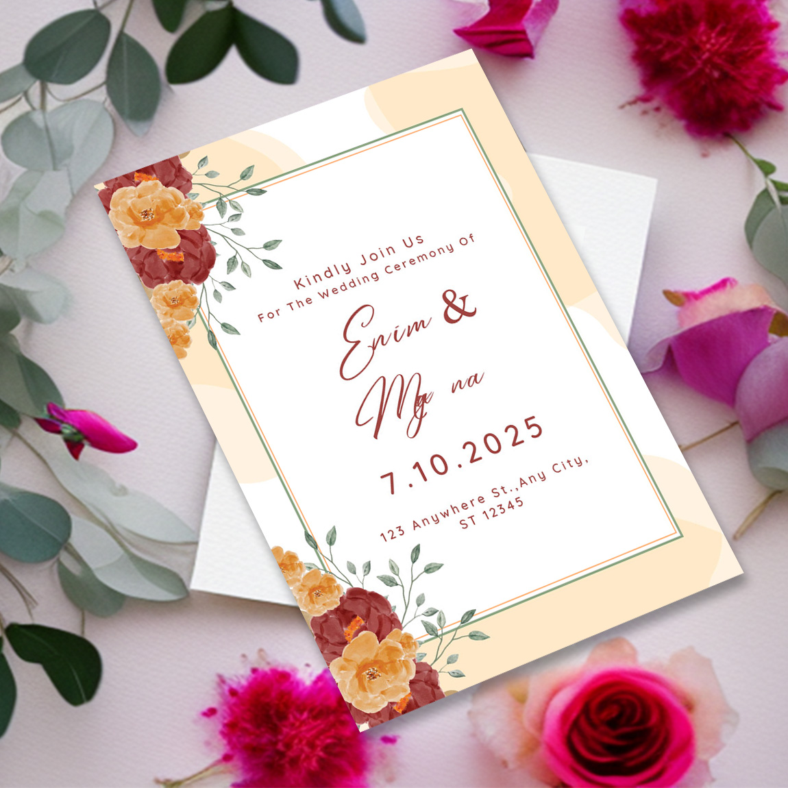 Image of colorful wedding invitation in pastel colors with flowers.