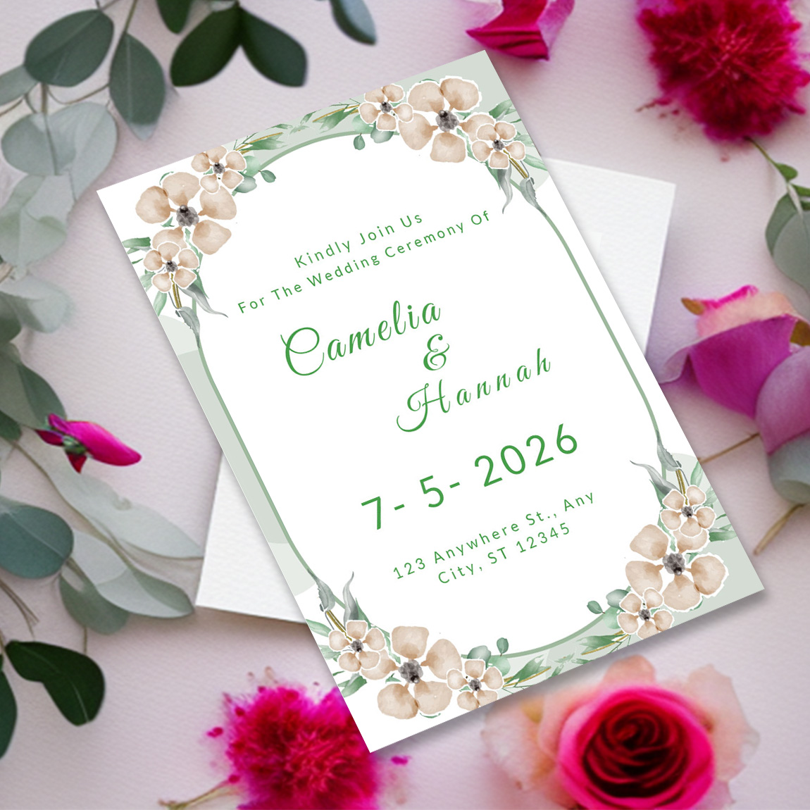 Image with enchanting wedding invitation in light green tones.