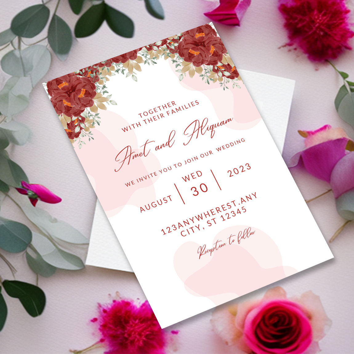 Image of a unique wedding invitation with flowers.