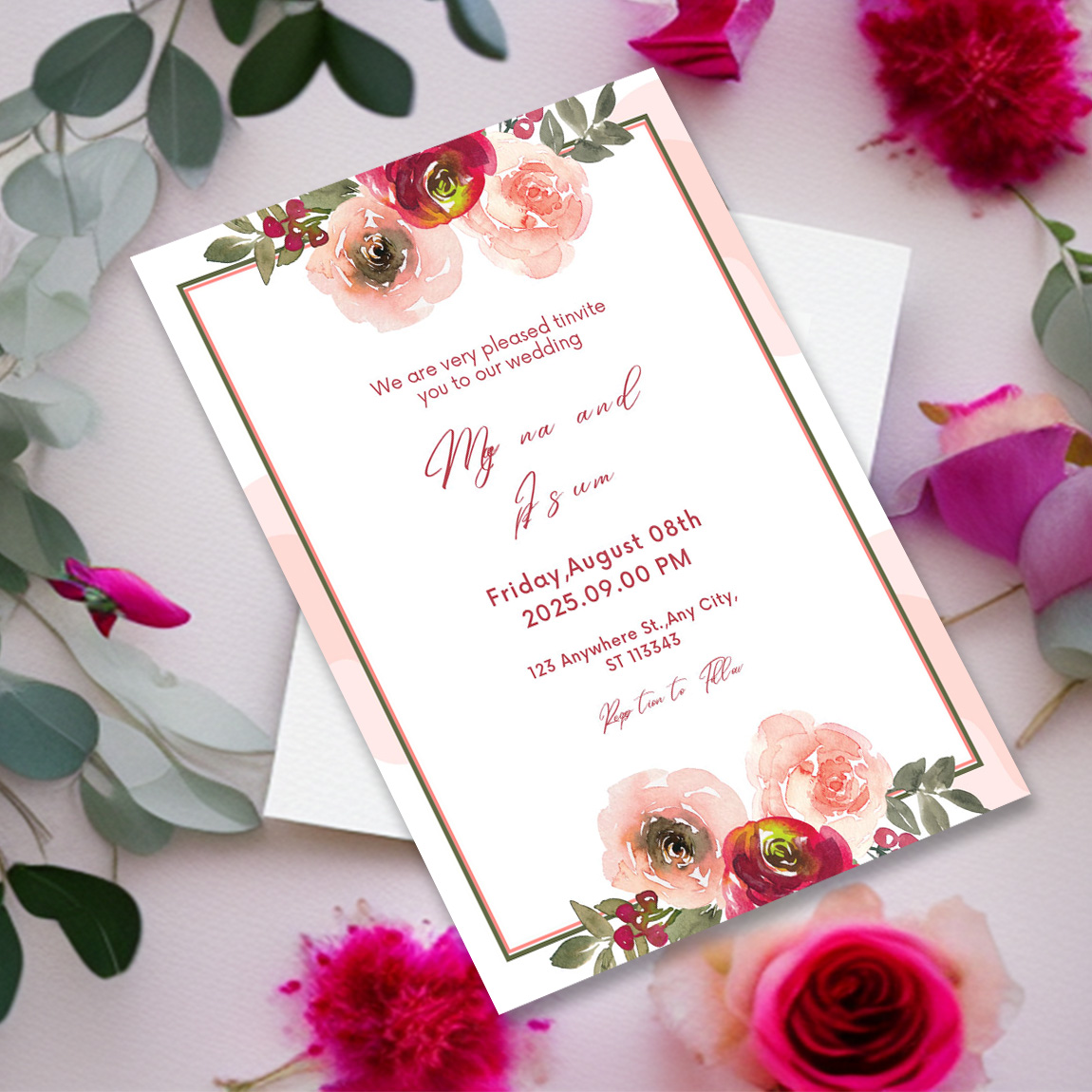 Image of charming wedding invitation with flowers.