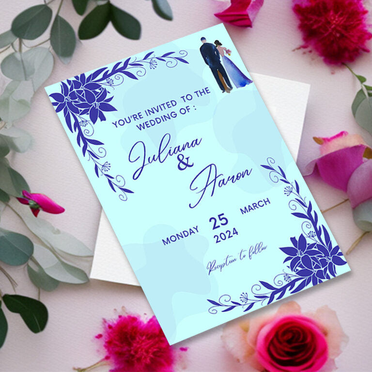 Beautiful Navy Blue Color Floral Wedding Invitation Card - MasterBundles