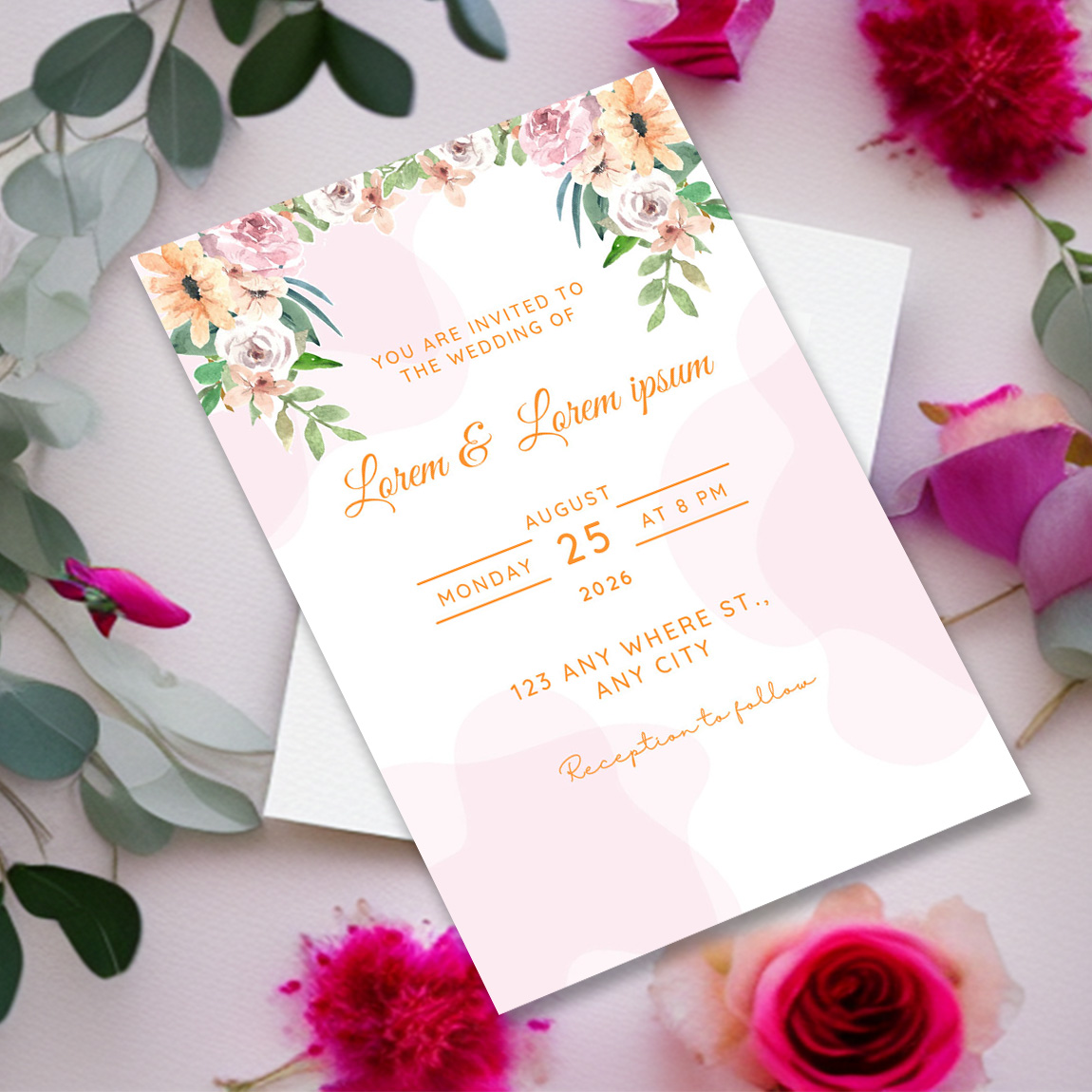 Image with enchanting wedding invitation with flowers and leaves.