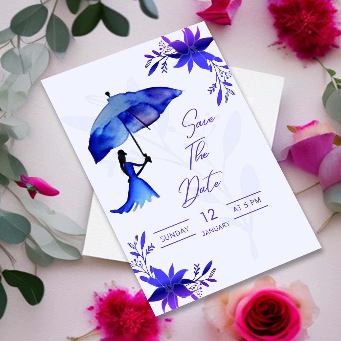 Image with wonderful wedding invitation card with flowers in blue.