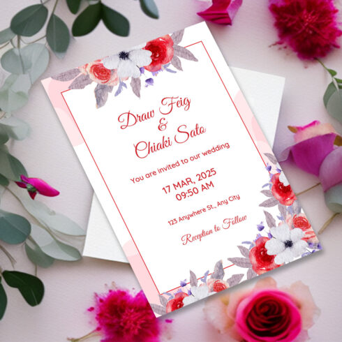 Image with unique wedding invitation in pink colors and flowers.