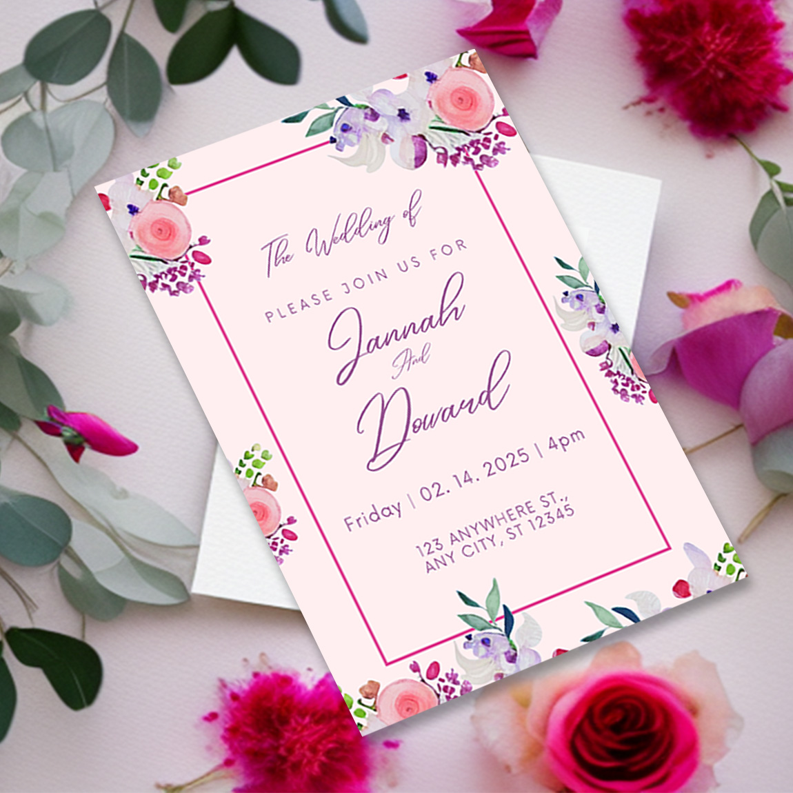 Image with charming wedding invitation card with watercolor flowers.