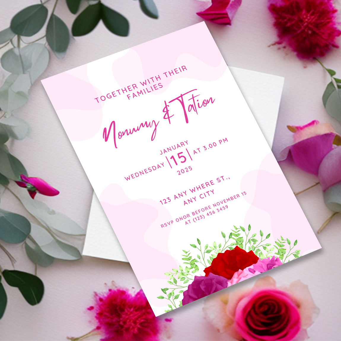 Image of irresistible wedding invitation with flowers.