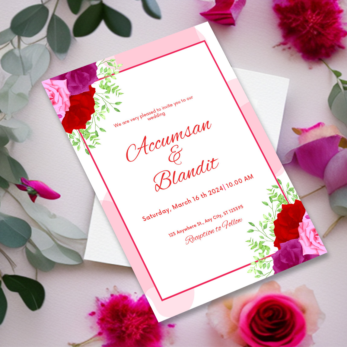 Image of gorgeous wedding invitation with roses.