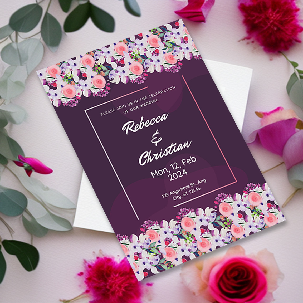 Image with colorful wedding invitation card with flowers.