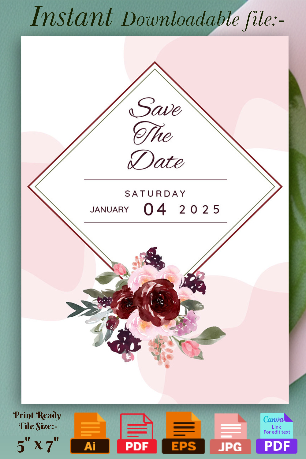 Image of an elegant wedding invitation in pink colors with flowers.