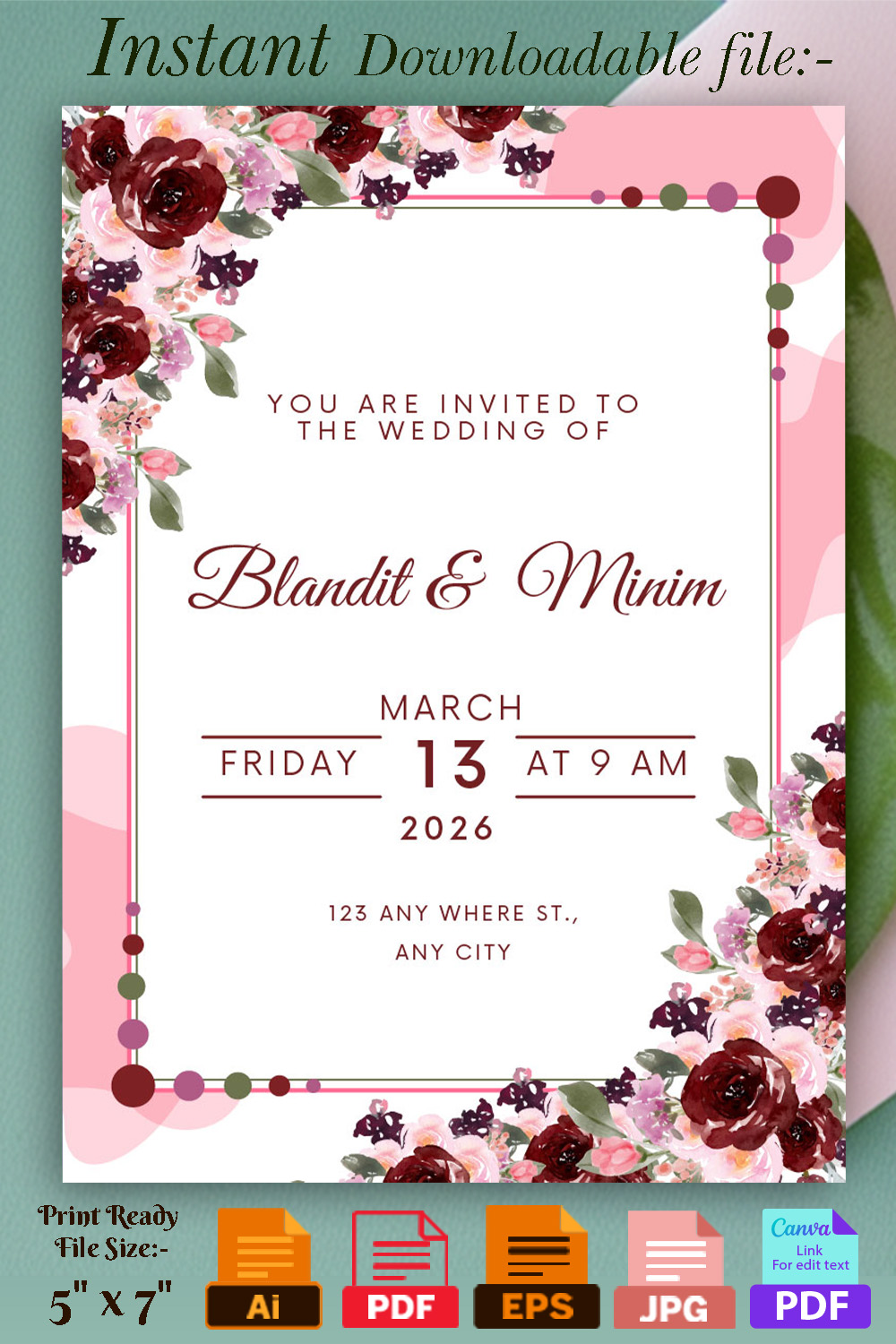 Image of a beautiful pink wedding invitation with flowers.