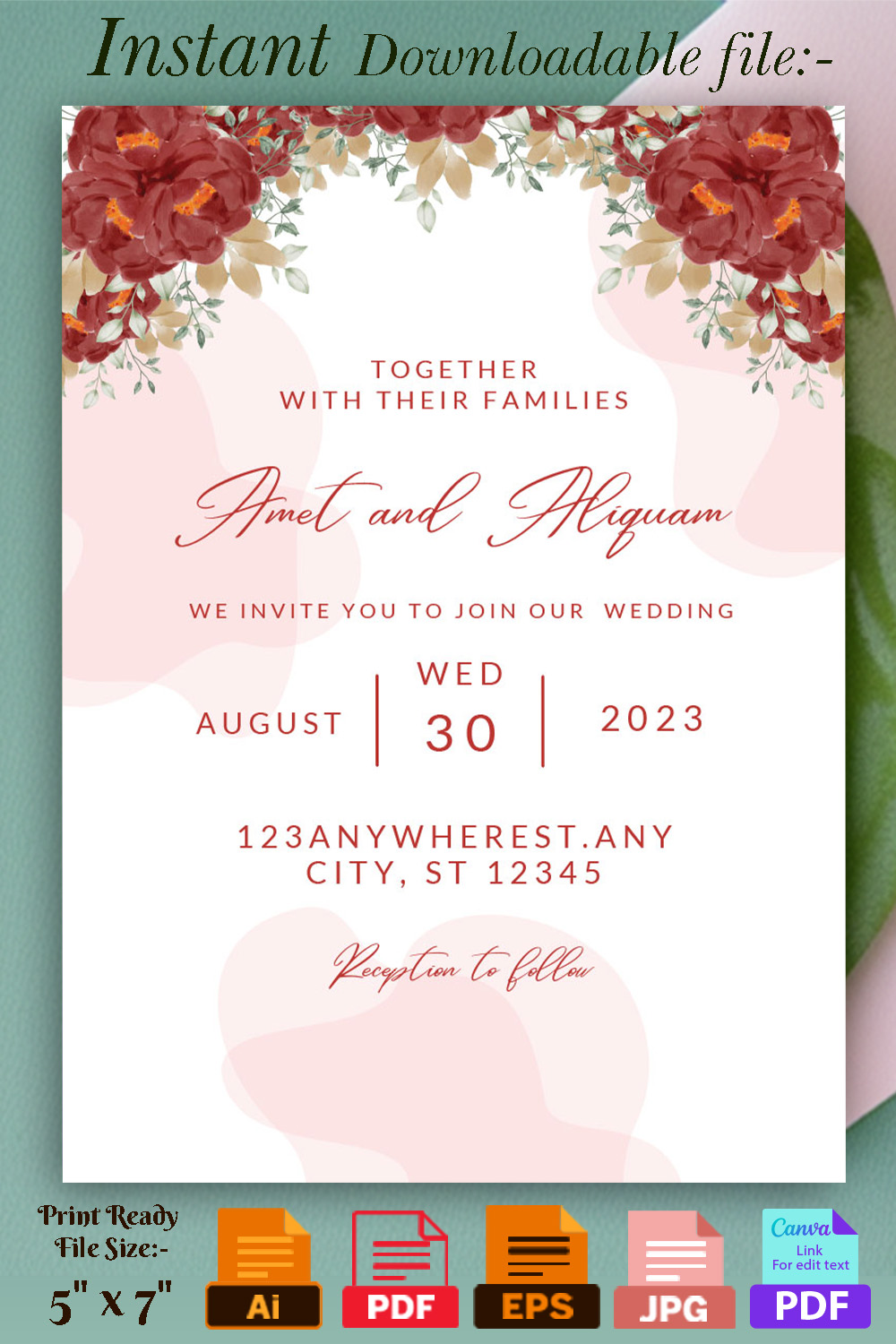 Image of colorful wedding invitation with flowers.