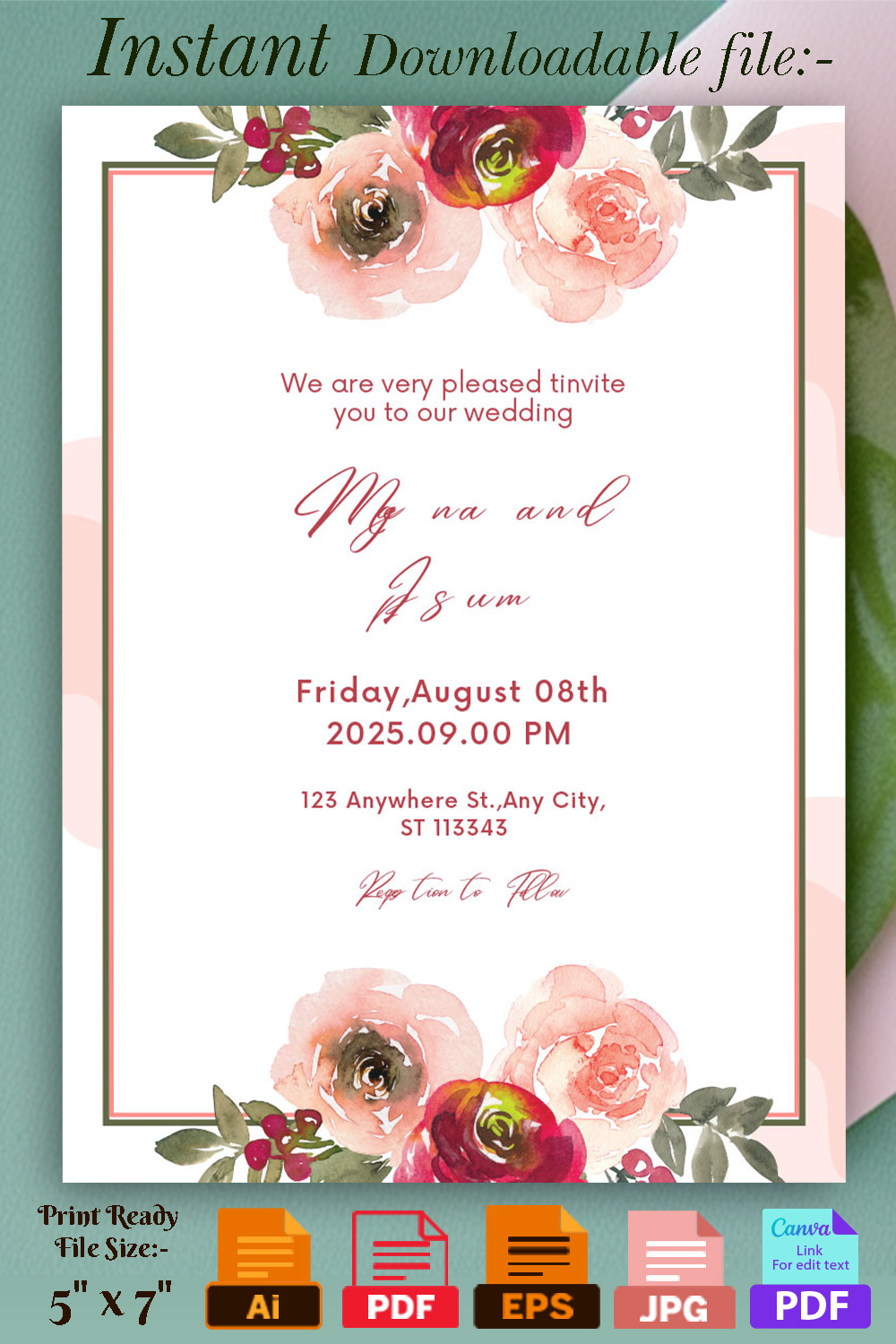 Image of irresistible wedding invitation with flowers.
