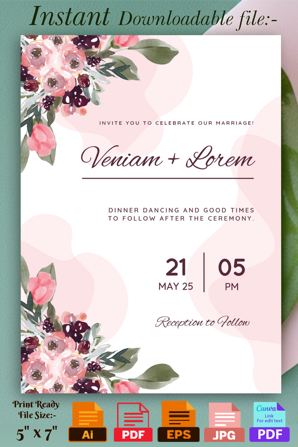 Image of an irresistible wedding invitation in combination with flowers and leaves.