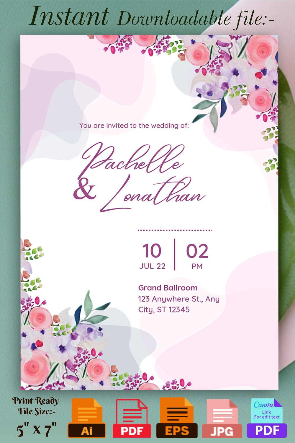 Image with colorful wedding invitation card with flowers.