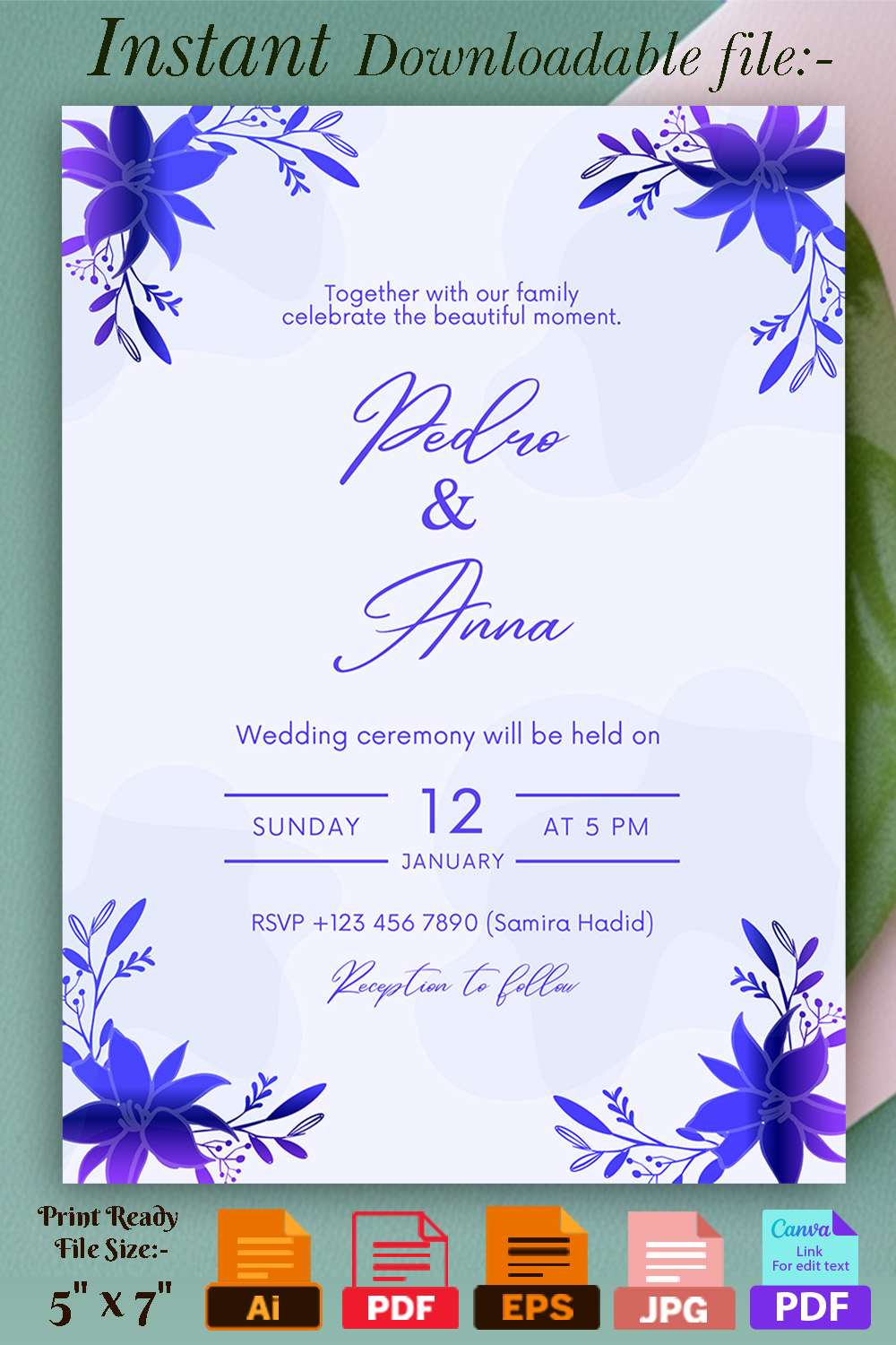 Image with unique wedding invitation card with flowers in blue.