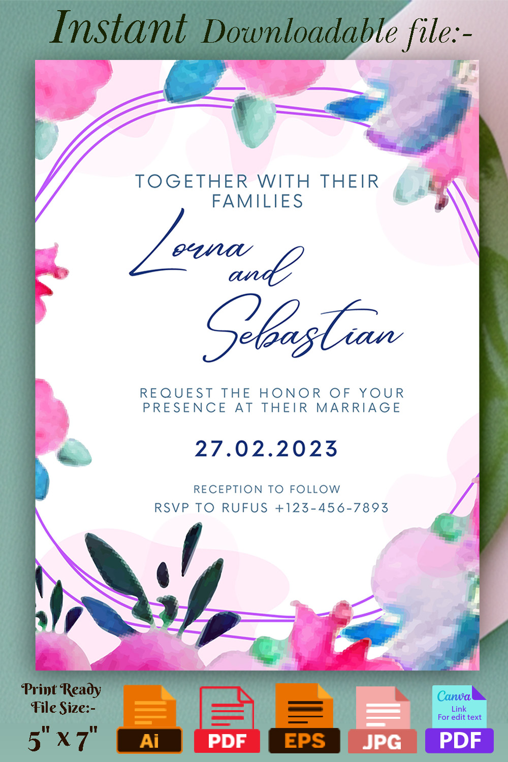 Image with enchanting wedding invitation card with floral background.