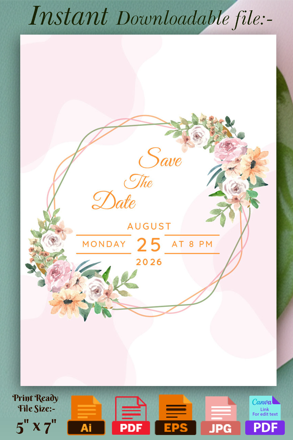 Image with charming wedding invitation with flowers and leaves.