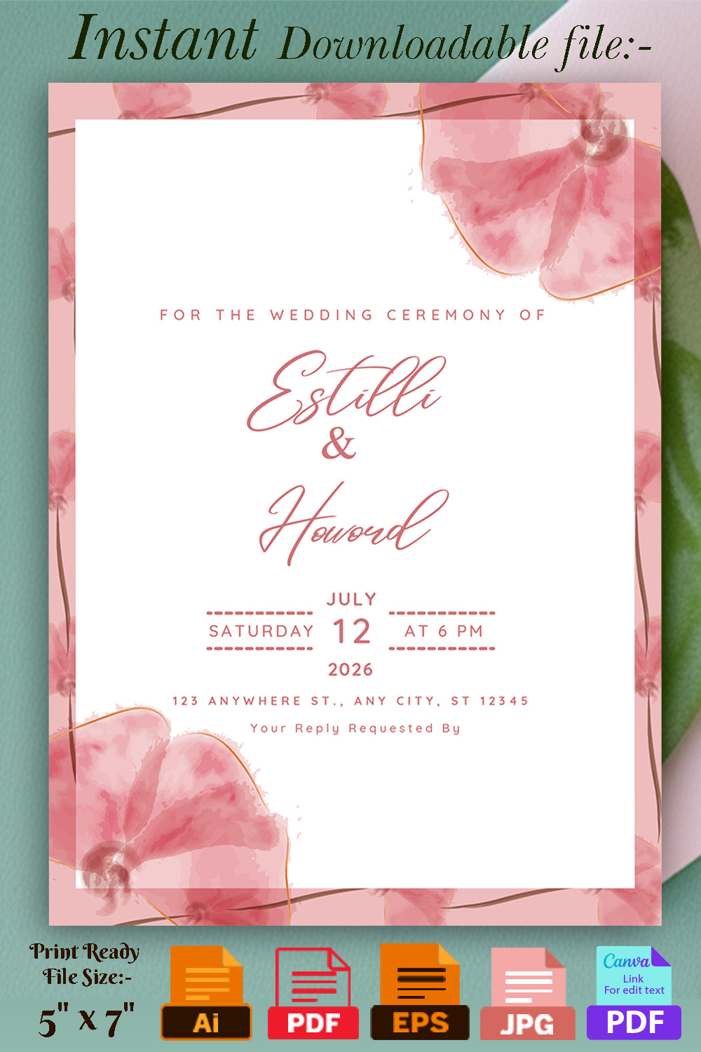 Image with enchanting wedding invitation card in pink tones and flowers.