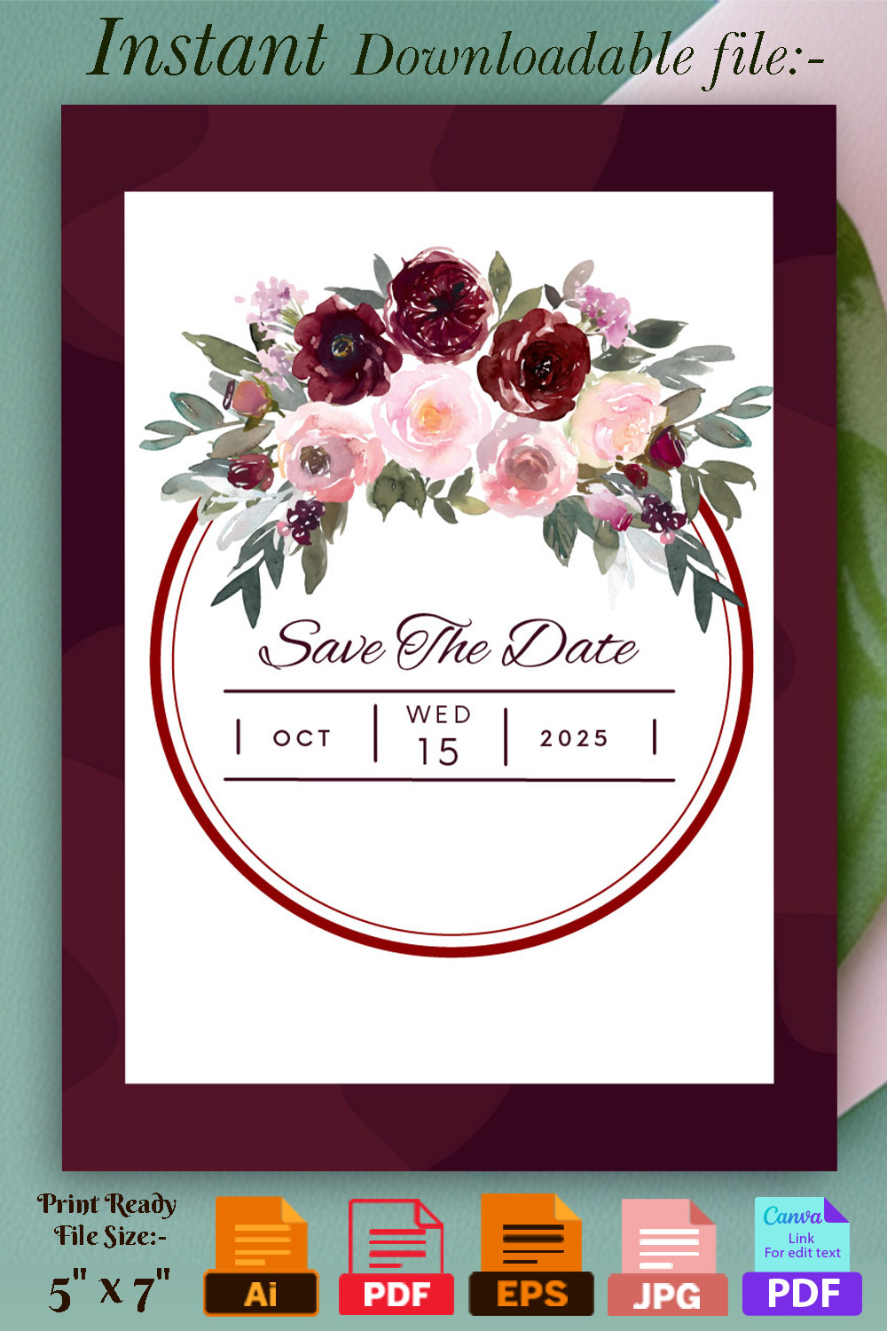 Image with irresistible wedding invitation in burgundy colors.