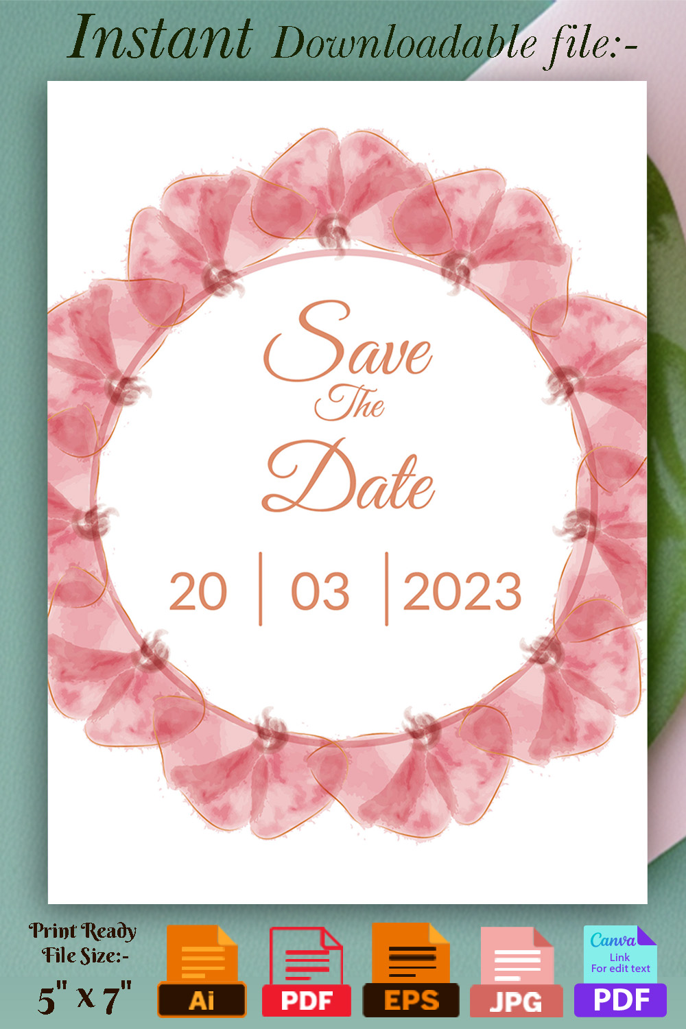 Image with charming wedding invitation card in pink tones and flowers.