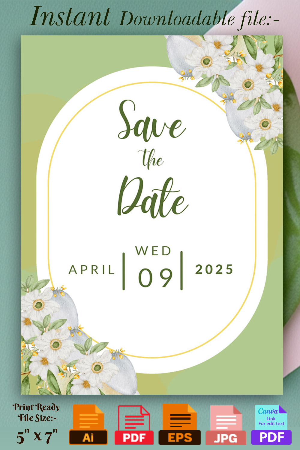 Image with enchanting wedding invitation in light green colors with white flower.