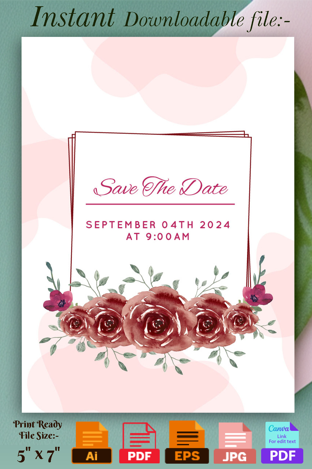 Image of charming wedding invitation with brown roses and leaves.