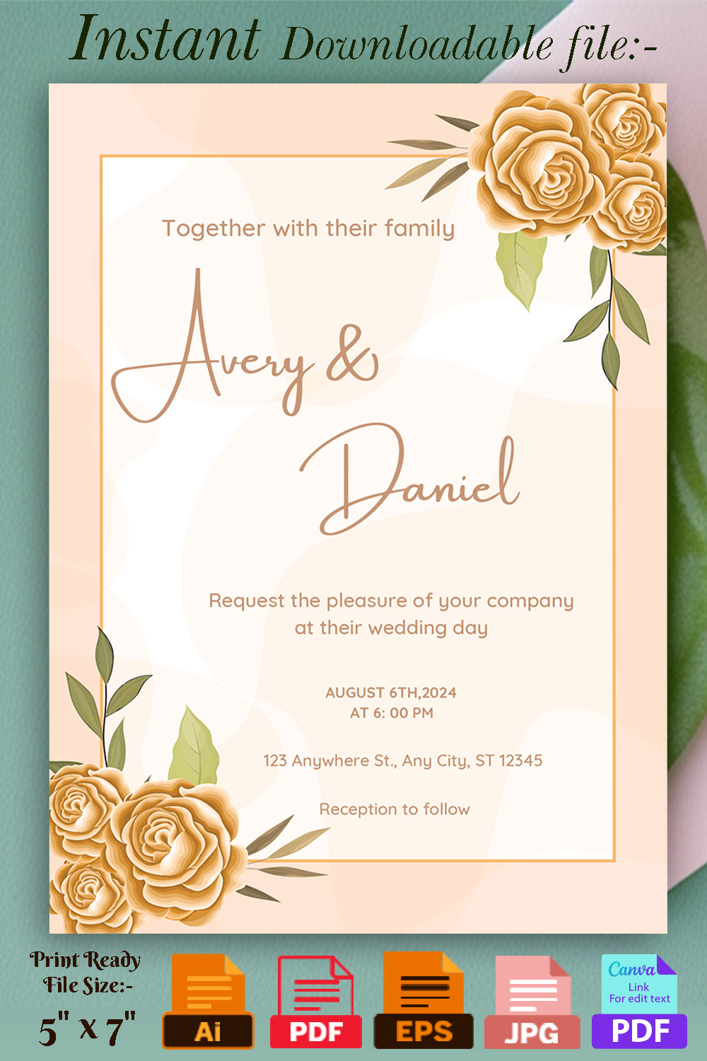 Image with exquisite wedding invitation card with gold color roses.