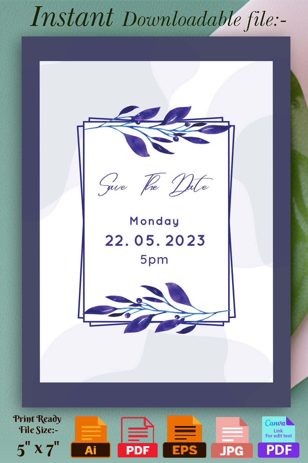 Image with exquisite wedding invitation in blue tones and leaves.