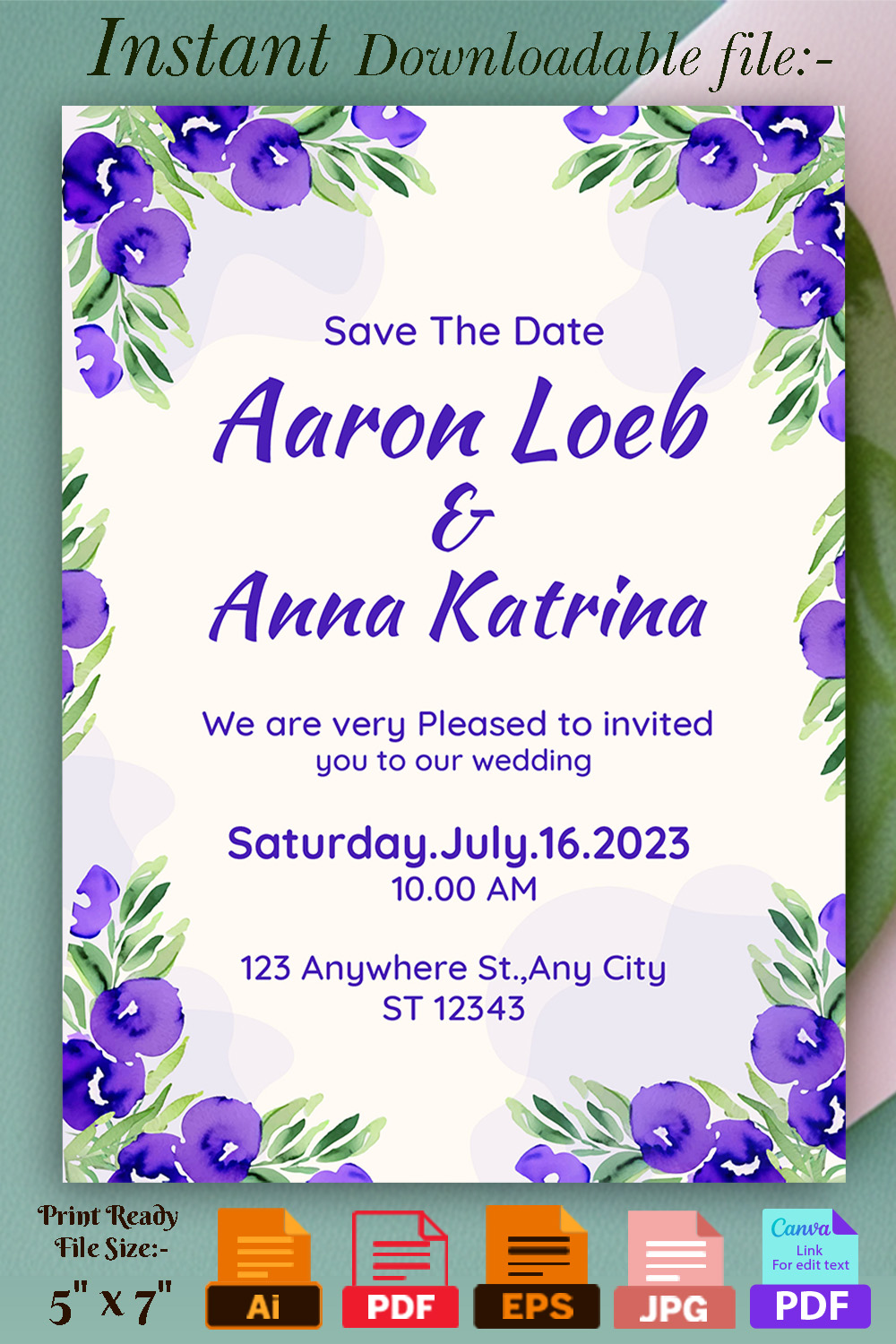 Image with beautiful wedding invitation card with flowers and leaves.