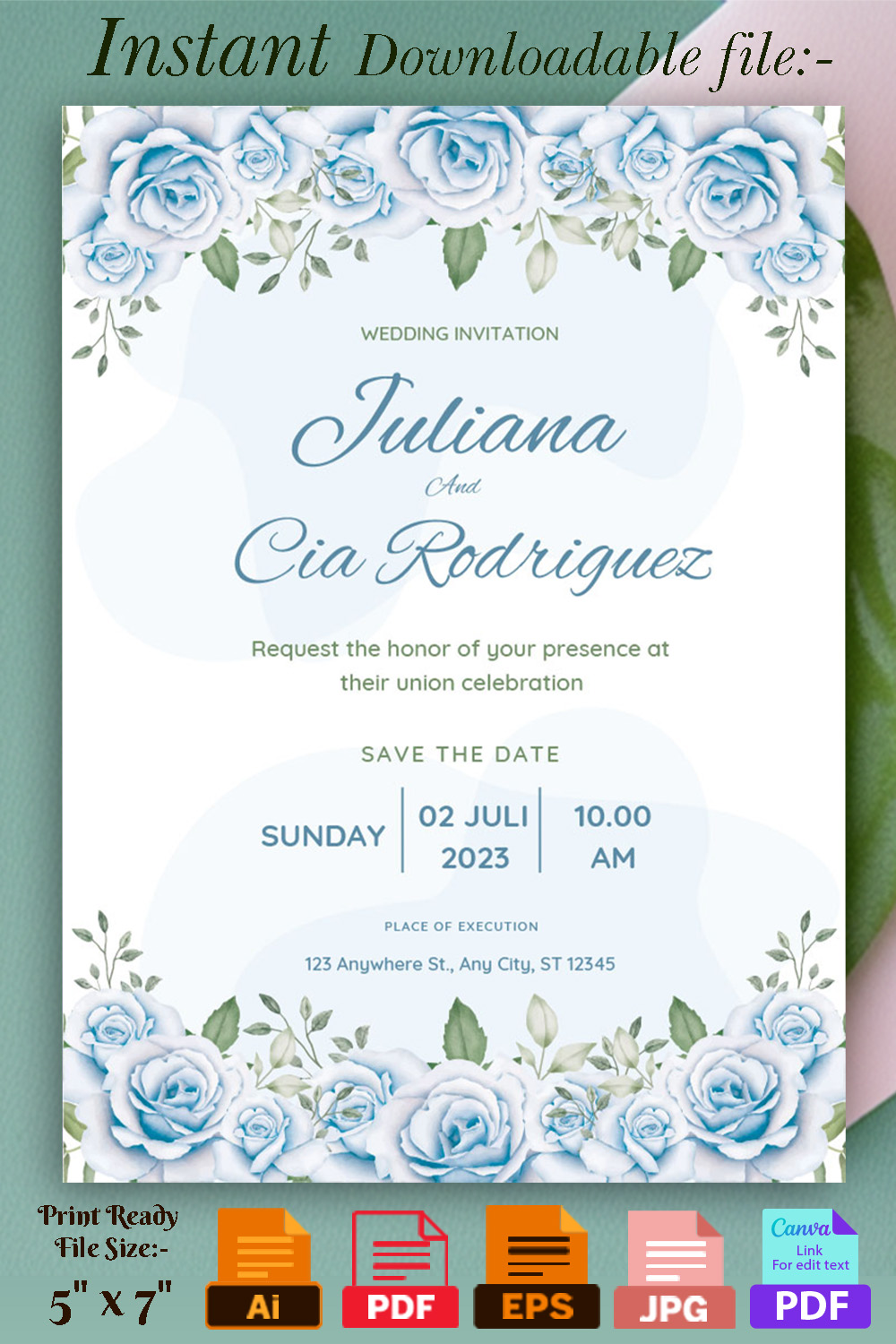 Image with gorgeous wedding invitation card with watercolor roses.