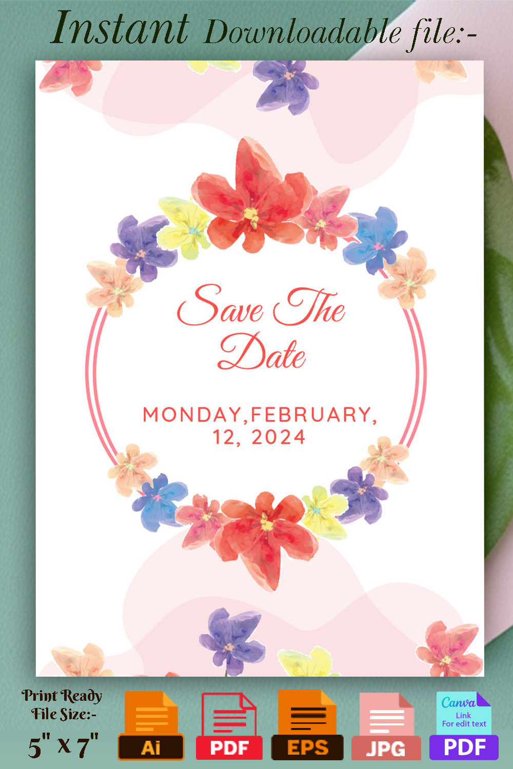 Watercolor Wedding Floral Invitation Card Design pinterest image.