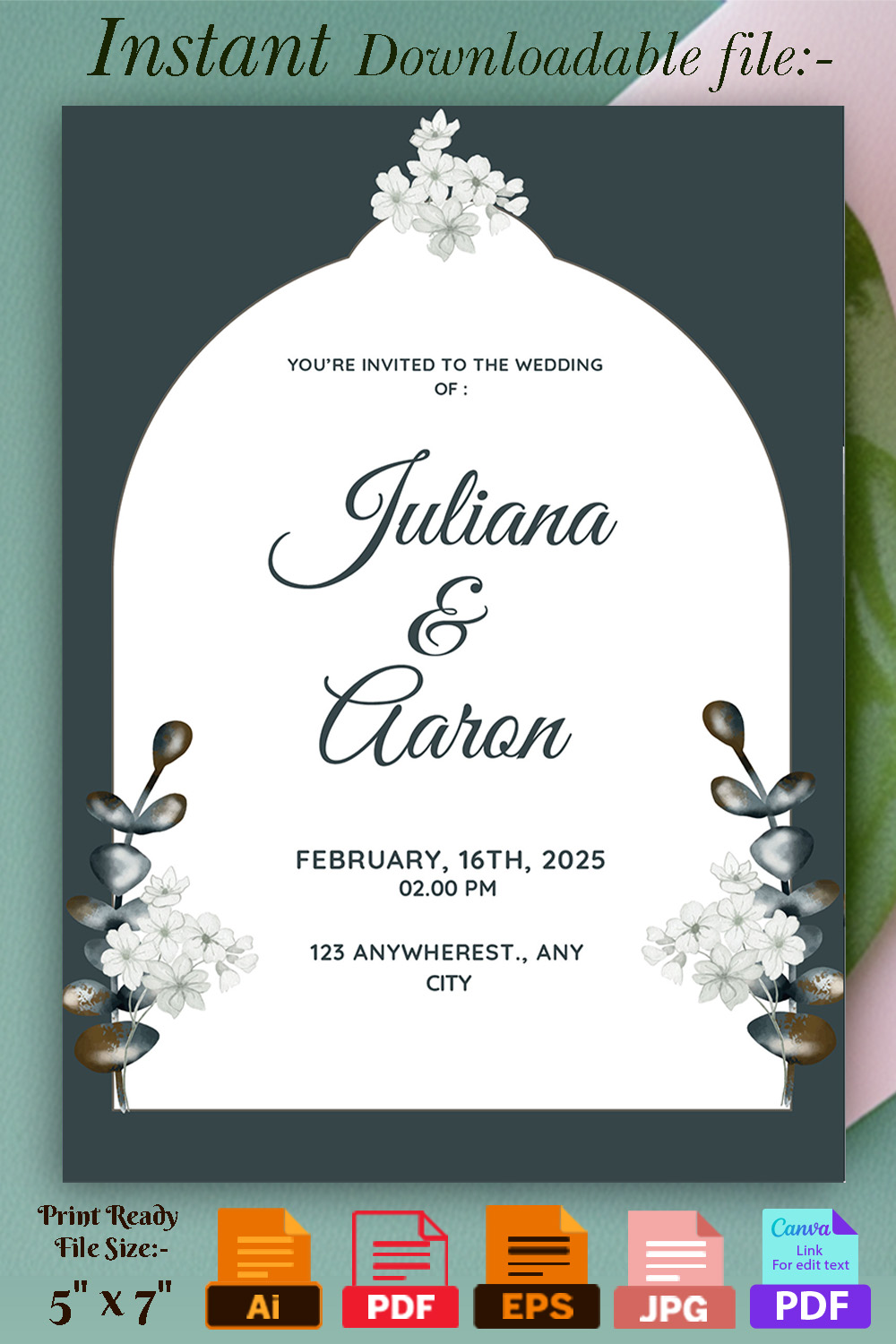 Image with irresistible wedding invitation in dark green and flowers.