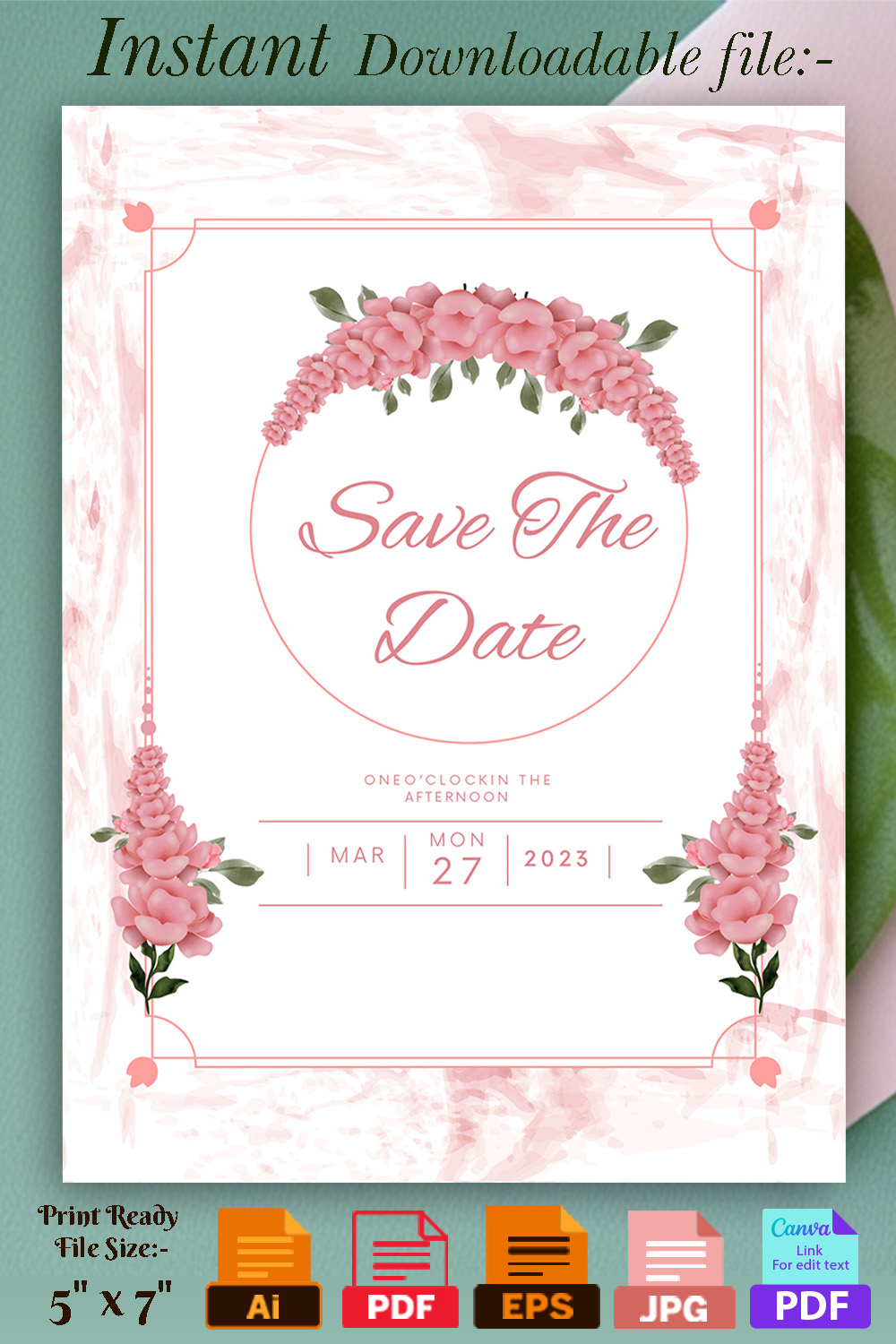 Image with gorgeous wedding invitation card in pink tones and flowers.