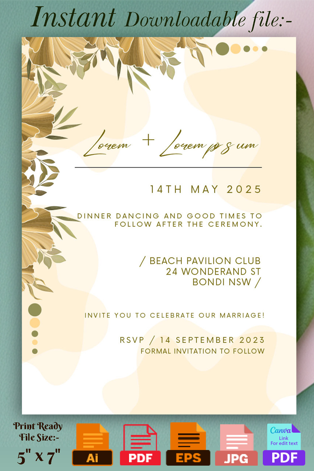Image with beautiful wedding invitation in pastel colors and flowers.