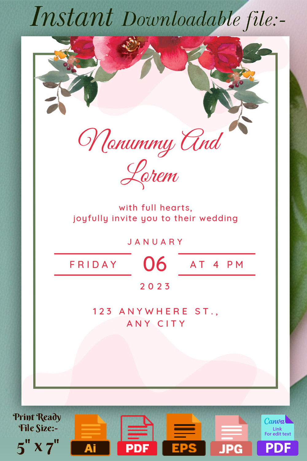 Image of enchanting wedding invitation with watercolor flowers.