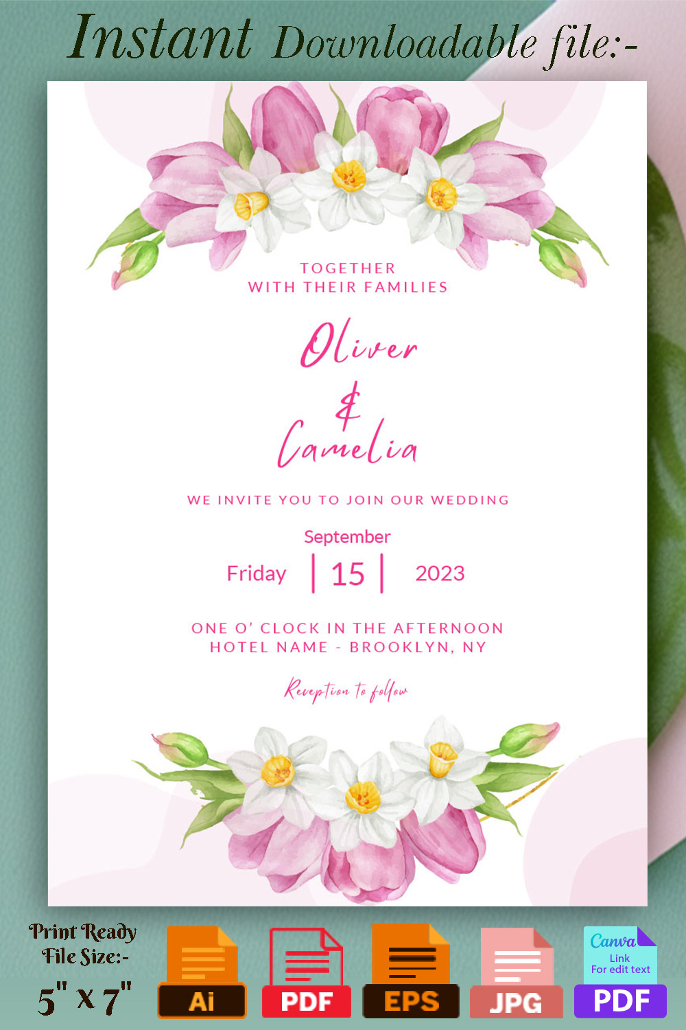 Image with enchanting wedding invitation with flowers.