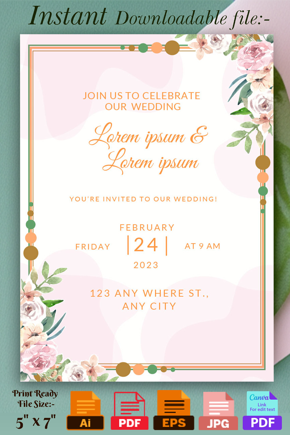 Image with charming wedding invitation with floral decor.
