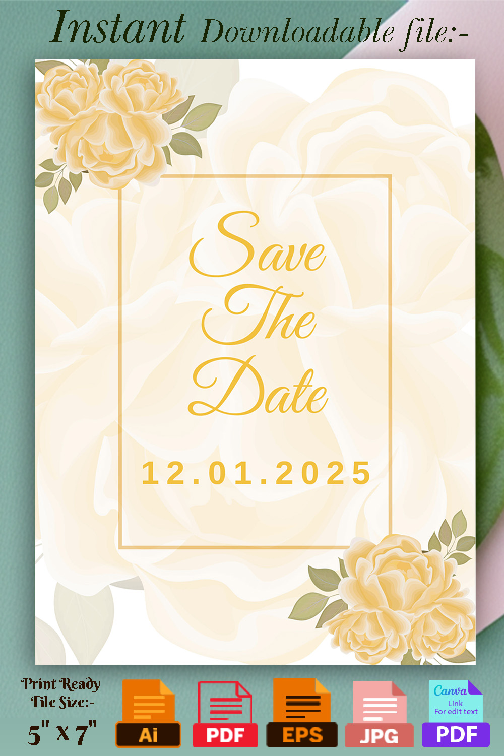 Image with exquisite wedding invitation card in yellow tones and flowers.