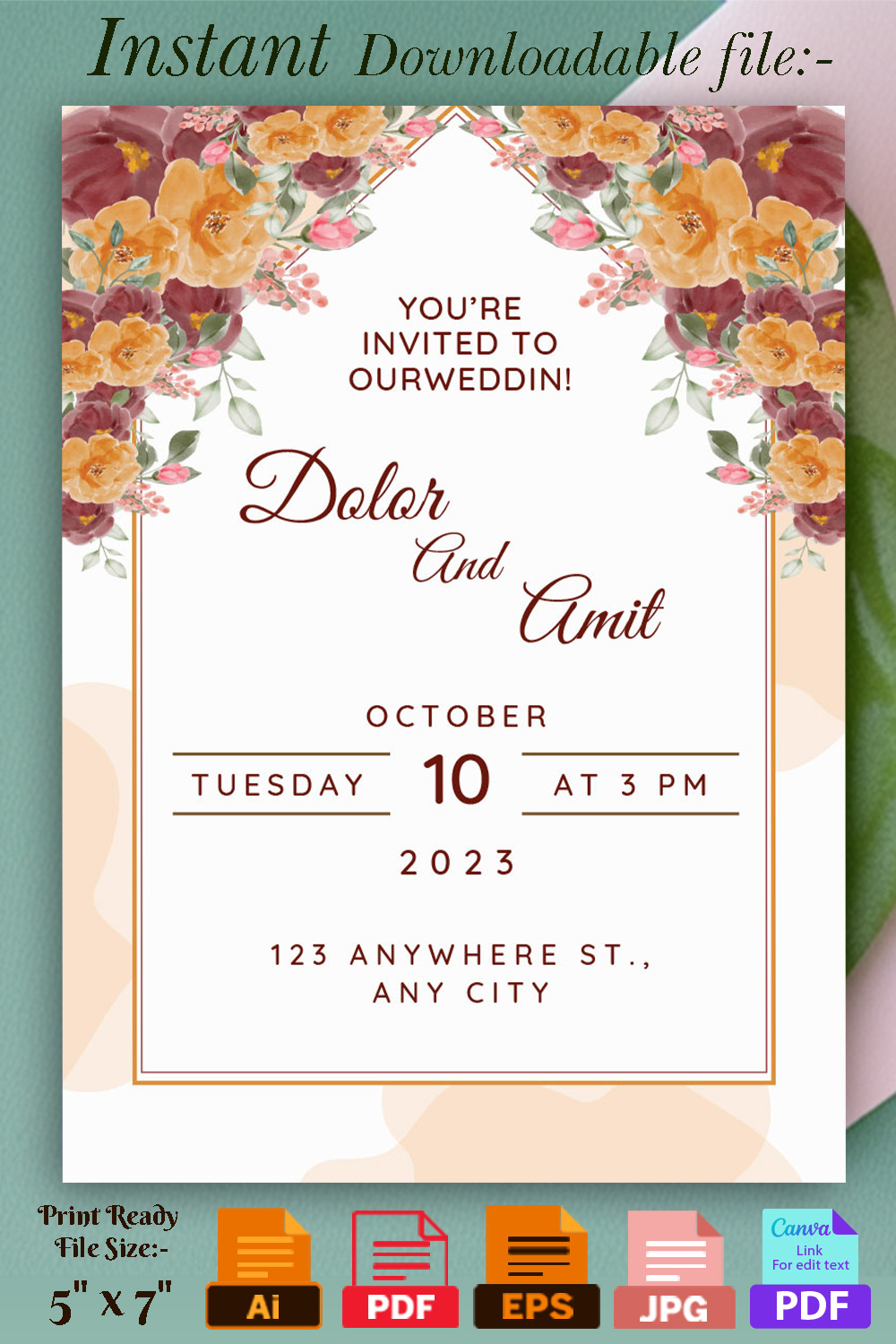 Modern Wreath Wedding Invitation Card template pinterest image.