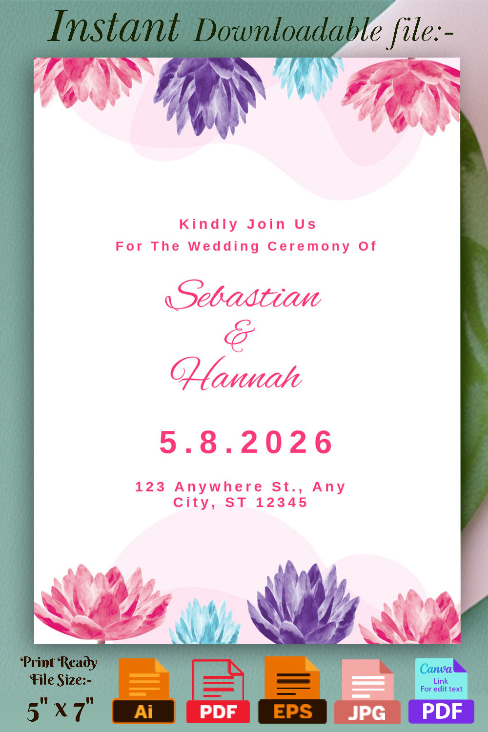 Lotuses Floral Wedding Invitation Card Template pinterest image.