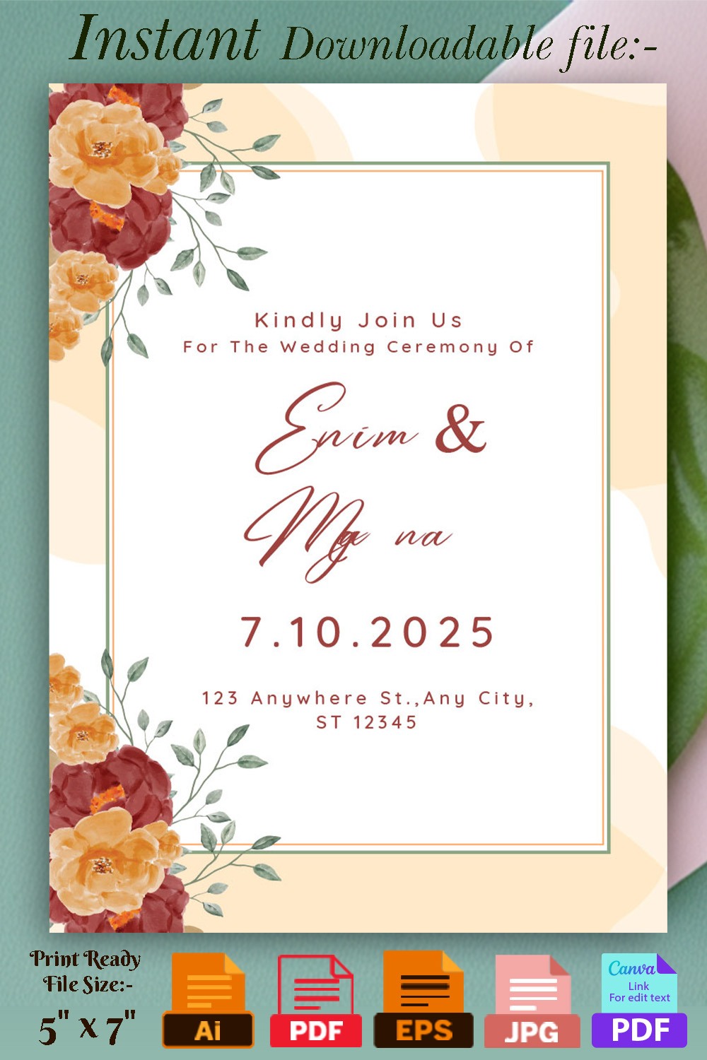 Image of amazing wedding invitation in pastel colors with flowers.
