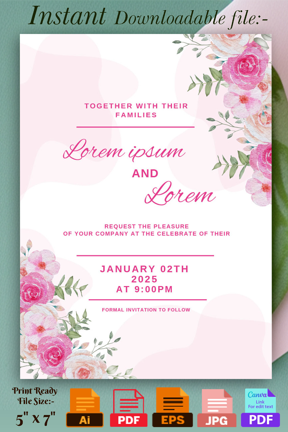 Image with enchanting wedding invitation in soft pink color.